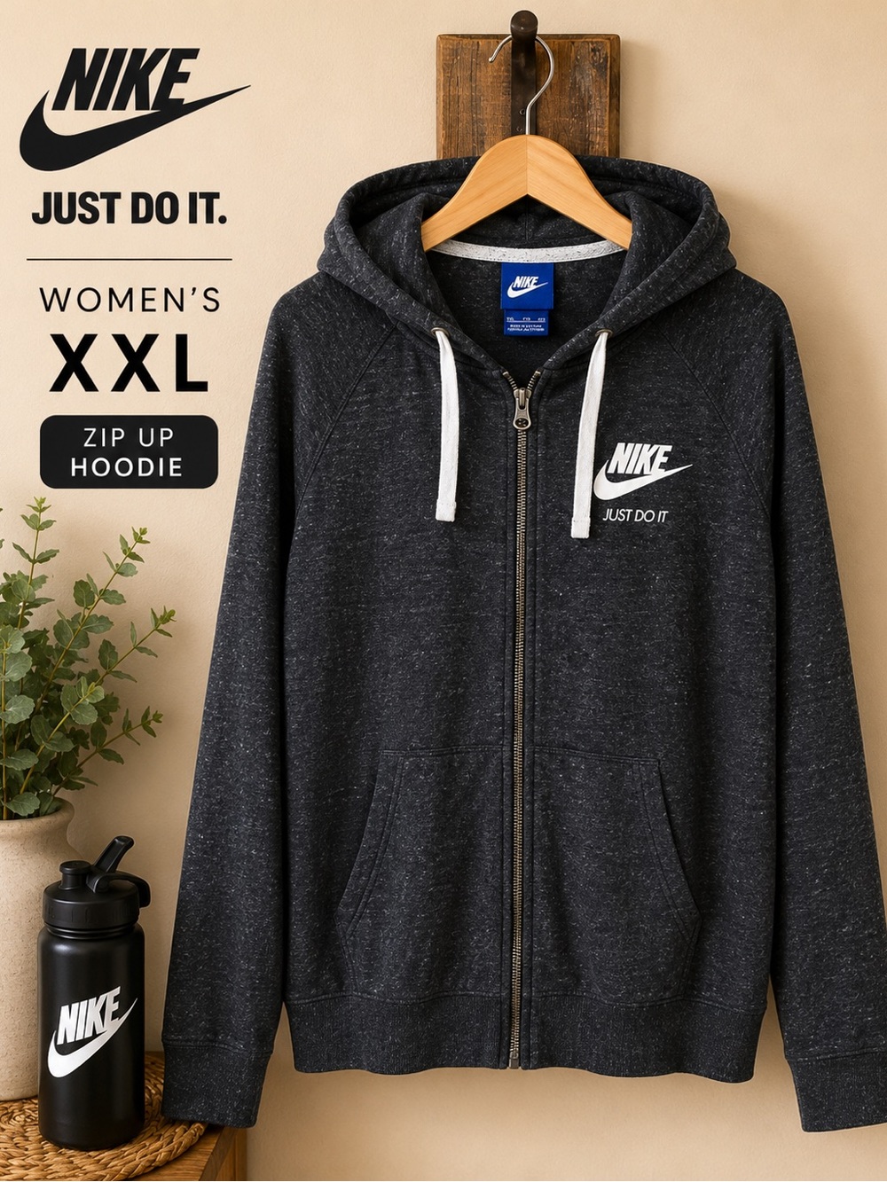 Nike Dark Heather Charcoal Zip Hoodie with White Drawstrings 0027